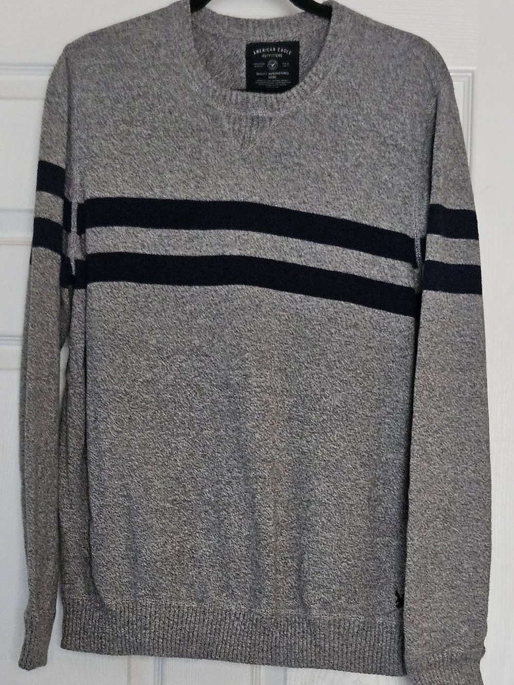 American Eagle Outfitters Gray Crewneck Sweater with Navy Stripe Detail